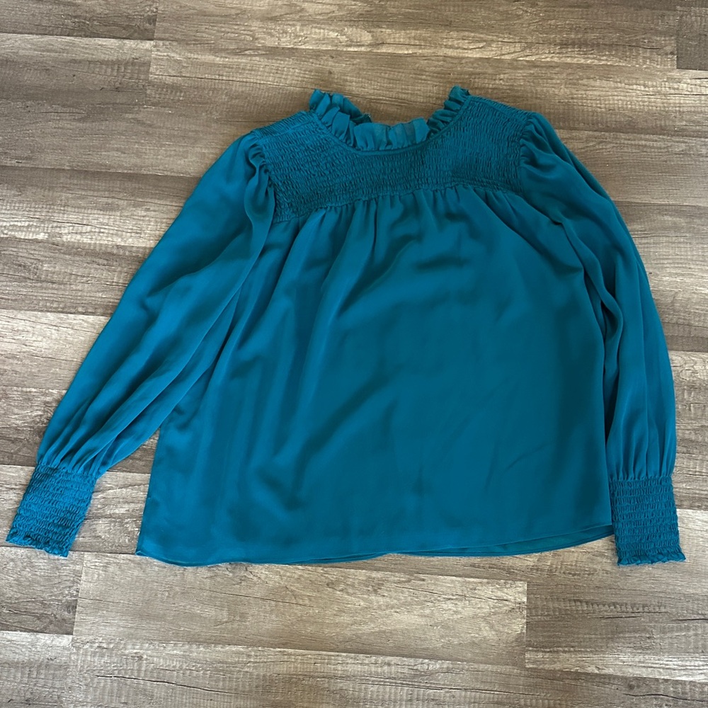 Ann Taylor Teal Blouse with Smocked Details